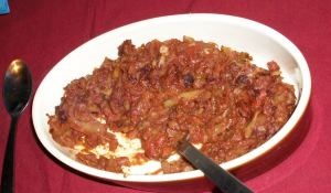 Vegetable curry with chocolate and coconut. Yes you read that right, coconut. And I ate it. And I didn't die screaming enjoyed it! No seriously I did, mainly because I couldn't quite pick out the coconut and if we were doing a blind taste test thing I would never have picked it out. This was a lovely, sweet and warming dish and Paula gets a medal for coming up with something that I would eat again, despite knowing it contains the dread coconut! Aaaaargh!!!!!! 