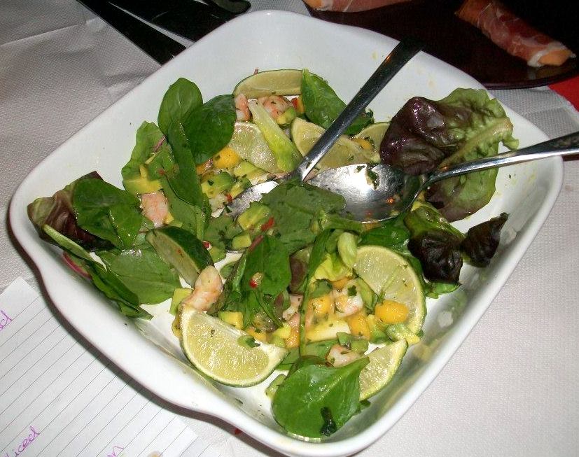 Prawn and mango salad from Amanda. Simple and scrummy, the meaty texture of prawns goes so well with soft mango and rounded of with a sharp dressing and a nice crunch of green leaves. Very good. 