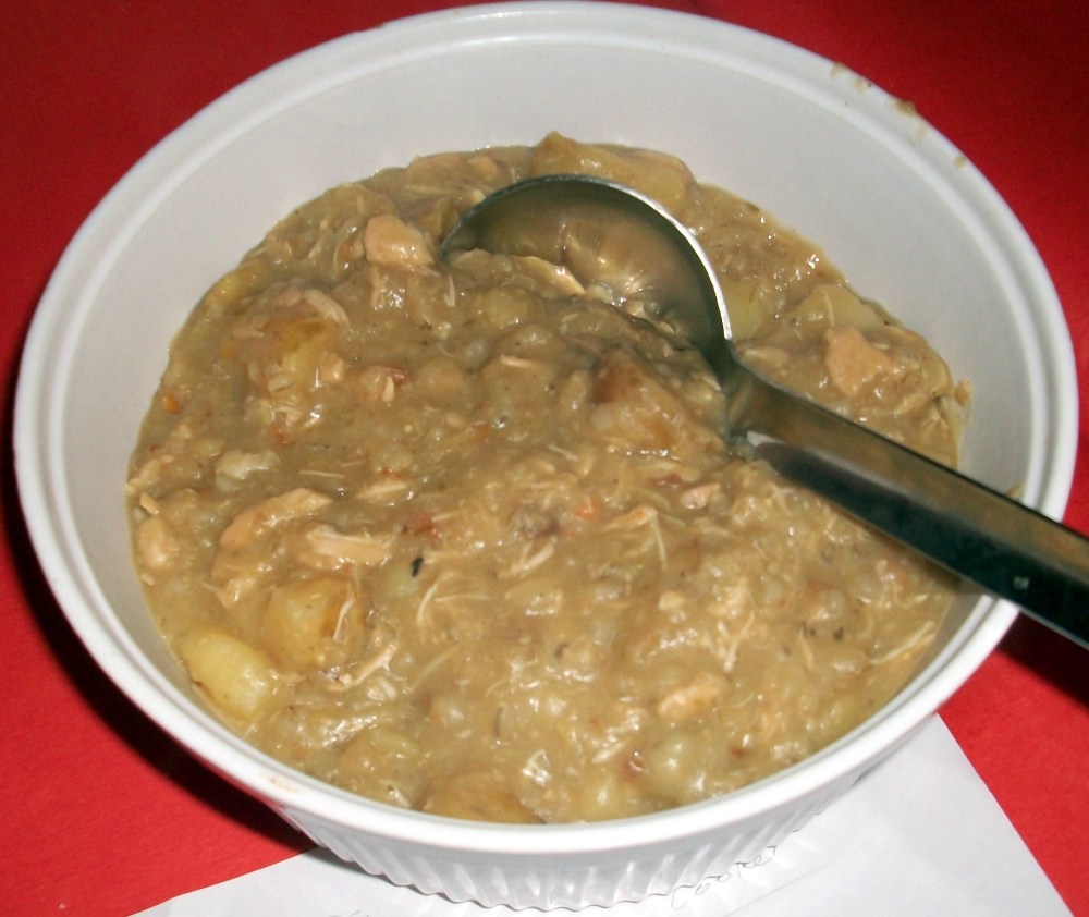 Chicken broth soup from Paula- a thick and hearty mix of chicken and mixed grains, so very very satisfying and warm with pepper. Great stuff. 