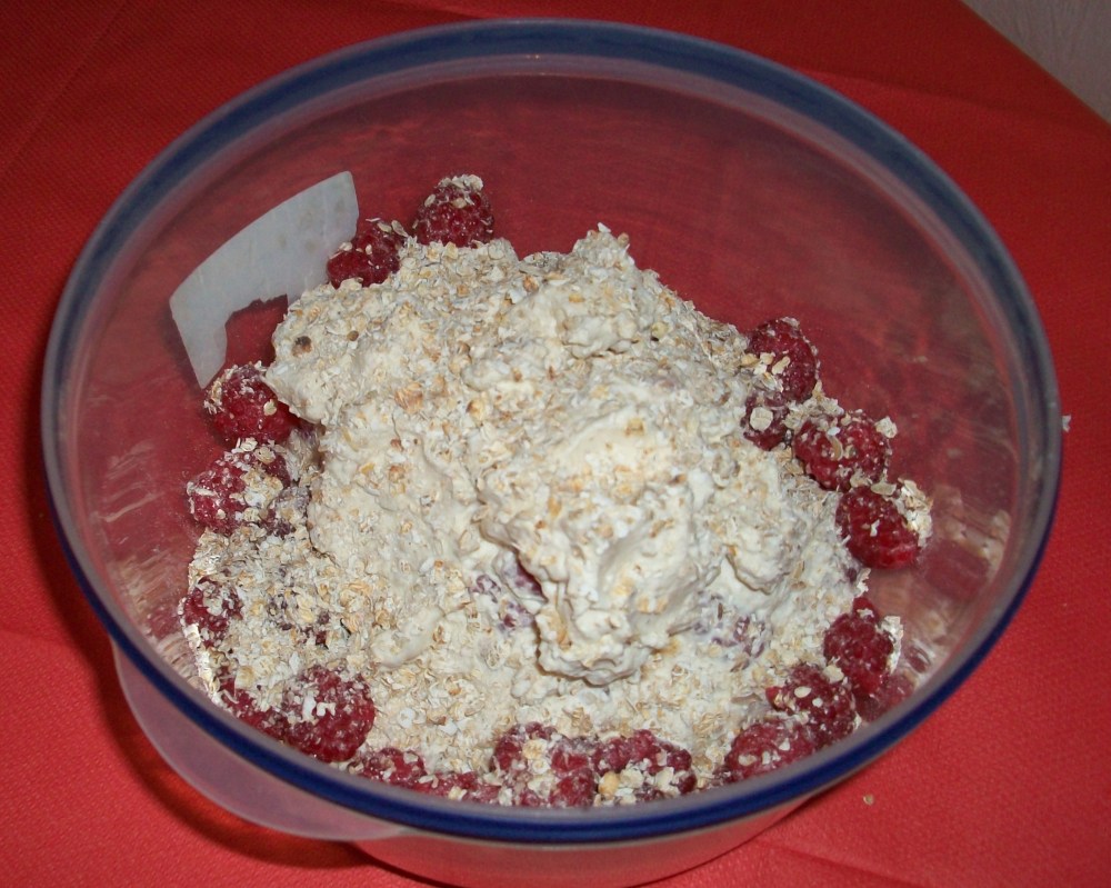 It's my cranachan! Not for the vegans this one it's mostly cream, with some honey and booze and crunchy bits, topped with raspberries. Mr Stein quoted golden raspberries and a single malt when he made this for Her Majesty Liz Two, but I think it was fine with normal old red ones and a supermarket special reserve polymalt. It was ok, would have probably frozen into a kick ass ice cream. I'm tempted to experiment with variants maybe blackberries or some cinnamon or cardamon.