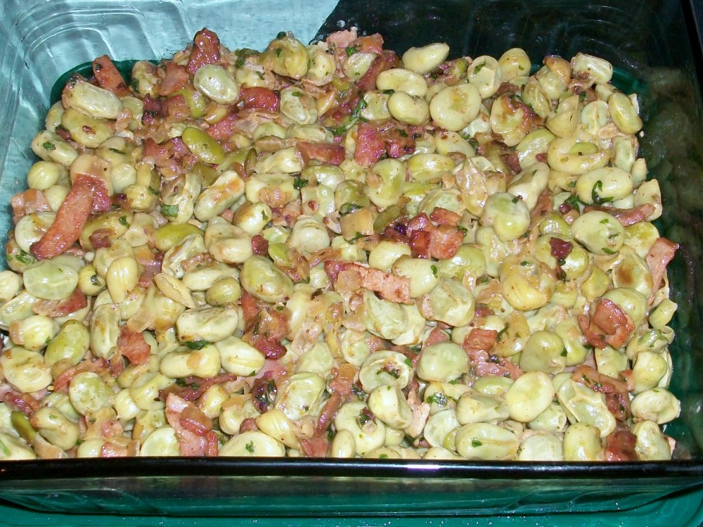 Broad beans cooked in cream and lemon juice with more bacon. I'm a big fan of broad beans and was a big fan of this offering from Nigel, though the lemony finish took a bit of getting used to. Maybe two mouthfuls....