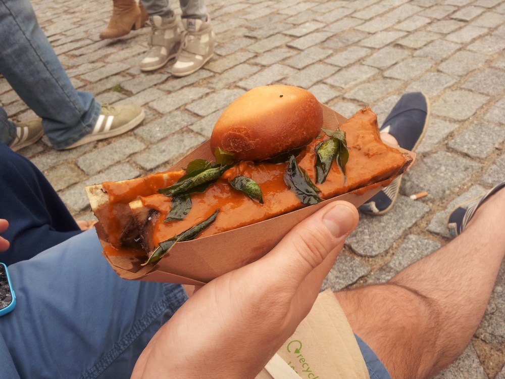 Bone marrow curry as modelled by the other boy. An odd combination but incredibly tasty and loves the deep fried leaf garnish. Showing up the the no waste principle and much more appealing that the 'beef and pig bits' option. 