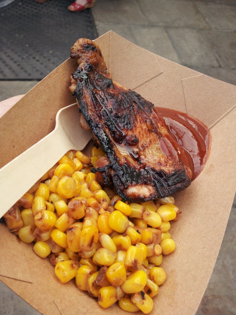 Final call smoked chicken with bourbon corn- a criminally hard decision with our final meatbuck. It won out over the Louisianna cut pork rib due to the already high level of red meat consumption throughout the day and my intrigue as to the corn. Plus, a much needed vegetable serving. It was pretty good and the BBQ sauce was lovely and rich without being too spice heavy. A nice little finish.  