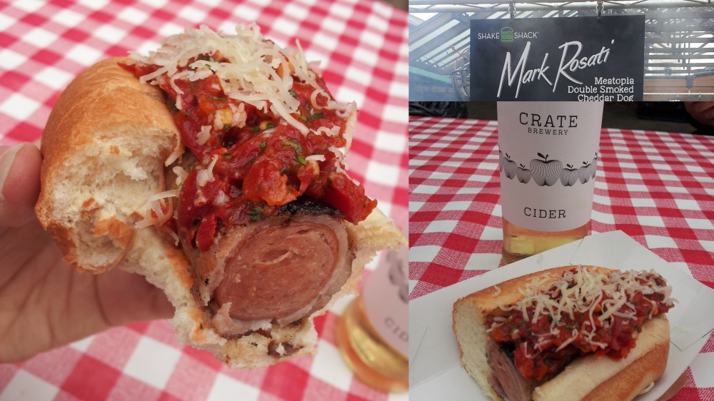 Shake Shack Meatopia Double Smoked Cheddar Dog. This was my first dish of the day and oh so seriously almost winner of Boomboom Favourite. A delicious hotdog wrapped in bacon, soft white bun and smothering of spicy tomato and peper and smoke garlic sauce thing with cheese finish. I. Love. Hotdogs. And I love this, perfect starter with a bottle of Crate Cider, also highly recommended. Point too to the Shake Shack dude dishing them out and how lovely and chatty he was. 