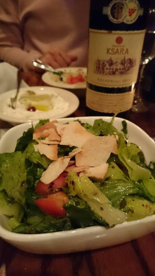 Fattoush- a simple salad perfectly executed- lettuce, tomatoes, cucumber, sumac, fried pitta. Superb. Regionally correct wine in the background. 
